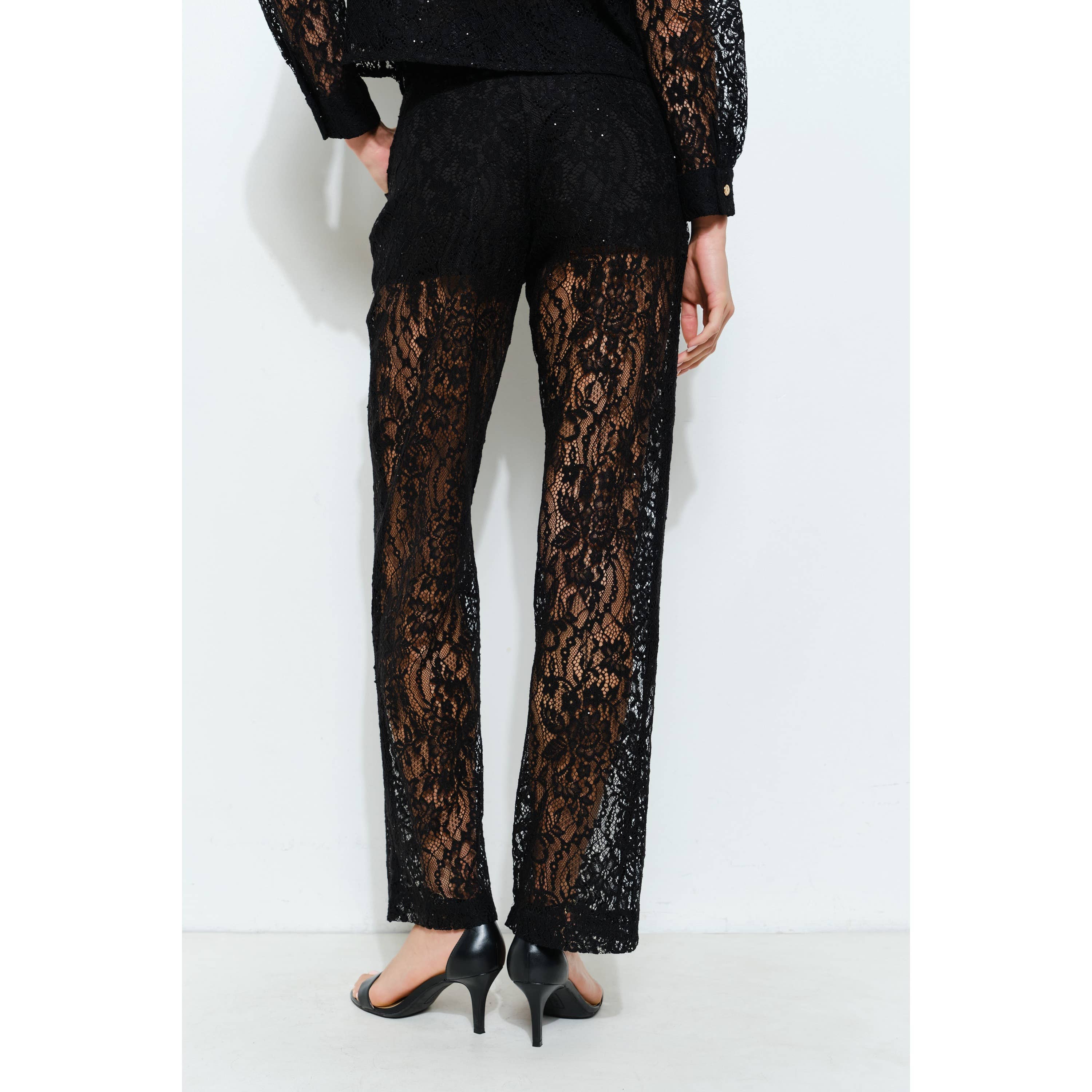 High Waist Sheer Lace Wide-Leg Pants