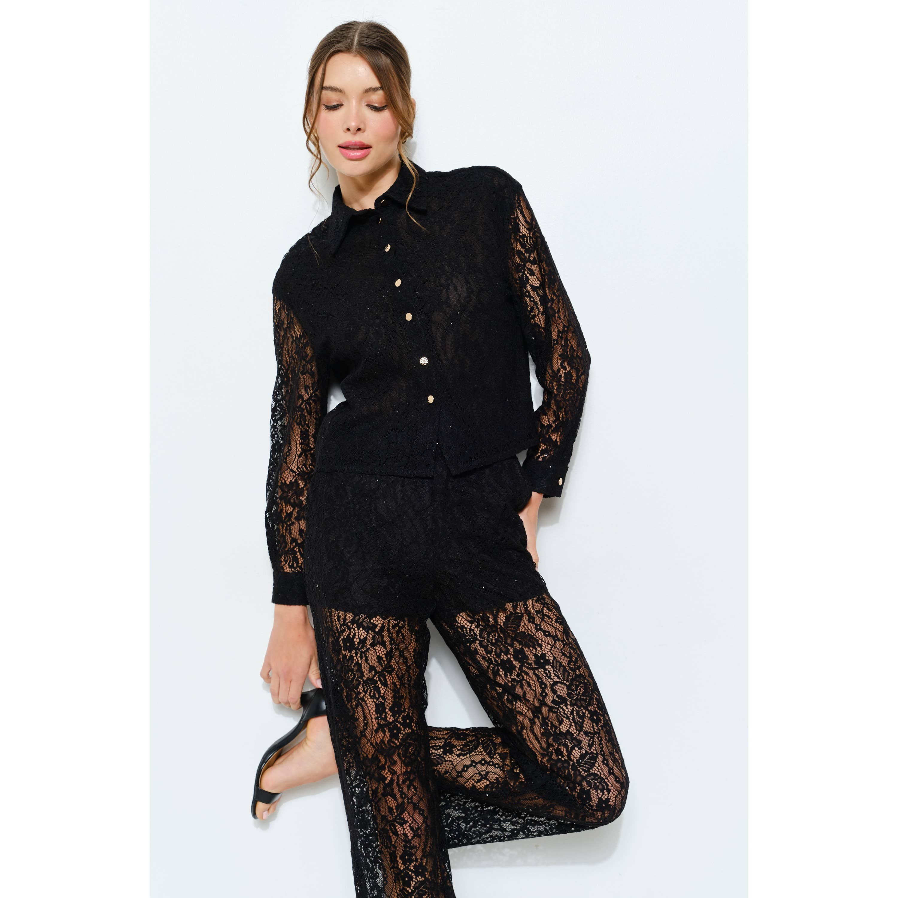 High Waist Sheer Lace Wide-Leg Pants