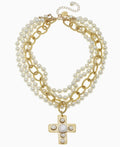 Multi Strand Gold Cross Pearl Necklace