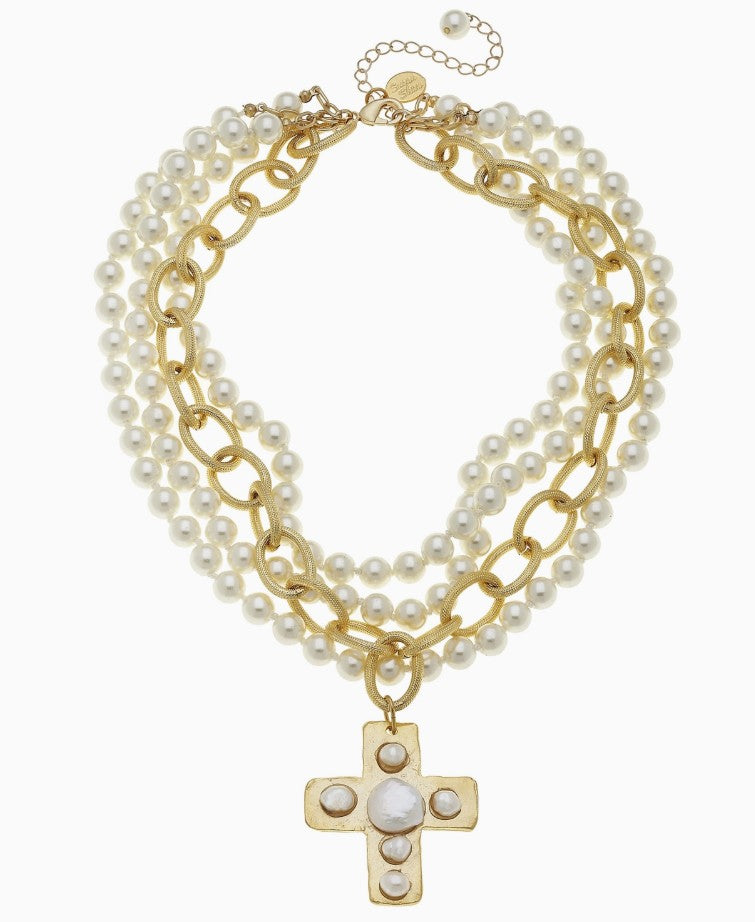 Multi Strand Gold Cross Pearl Necklace