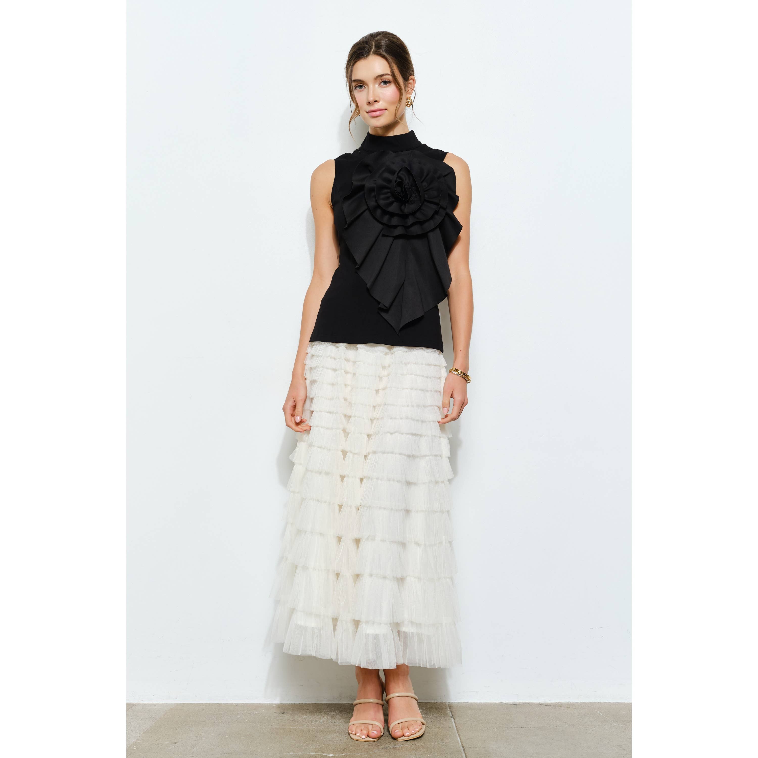 Floral Applique Pleated High-Neck Top