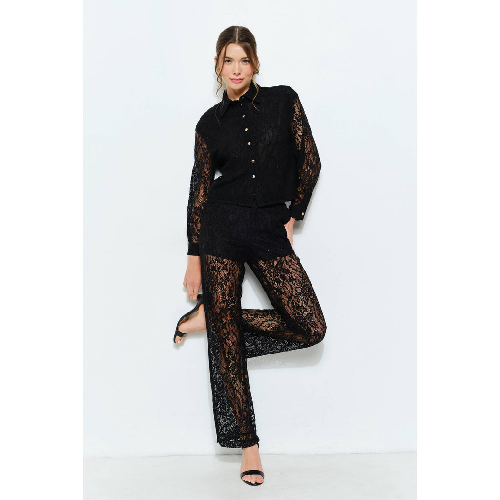 High Waist Sheer Lace Wide-Leg Pants