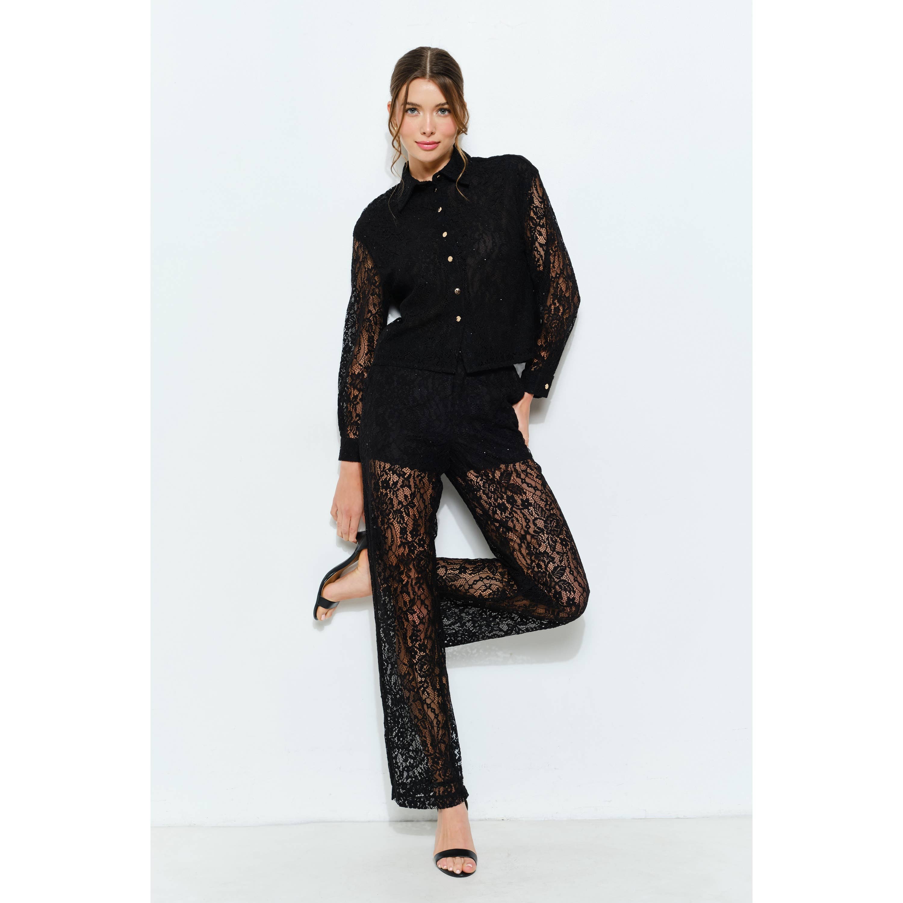 High Waist Sheer Lace Wide-Leg Pants