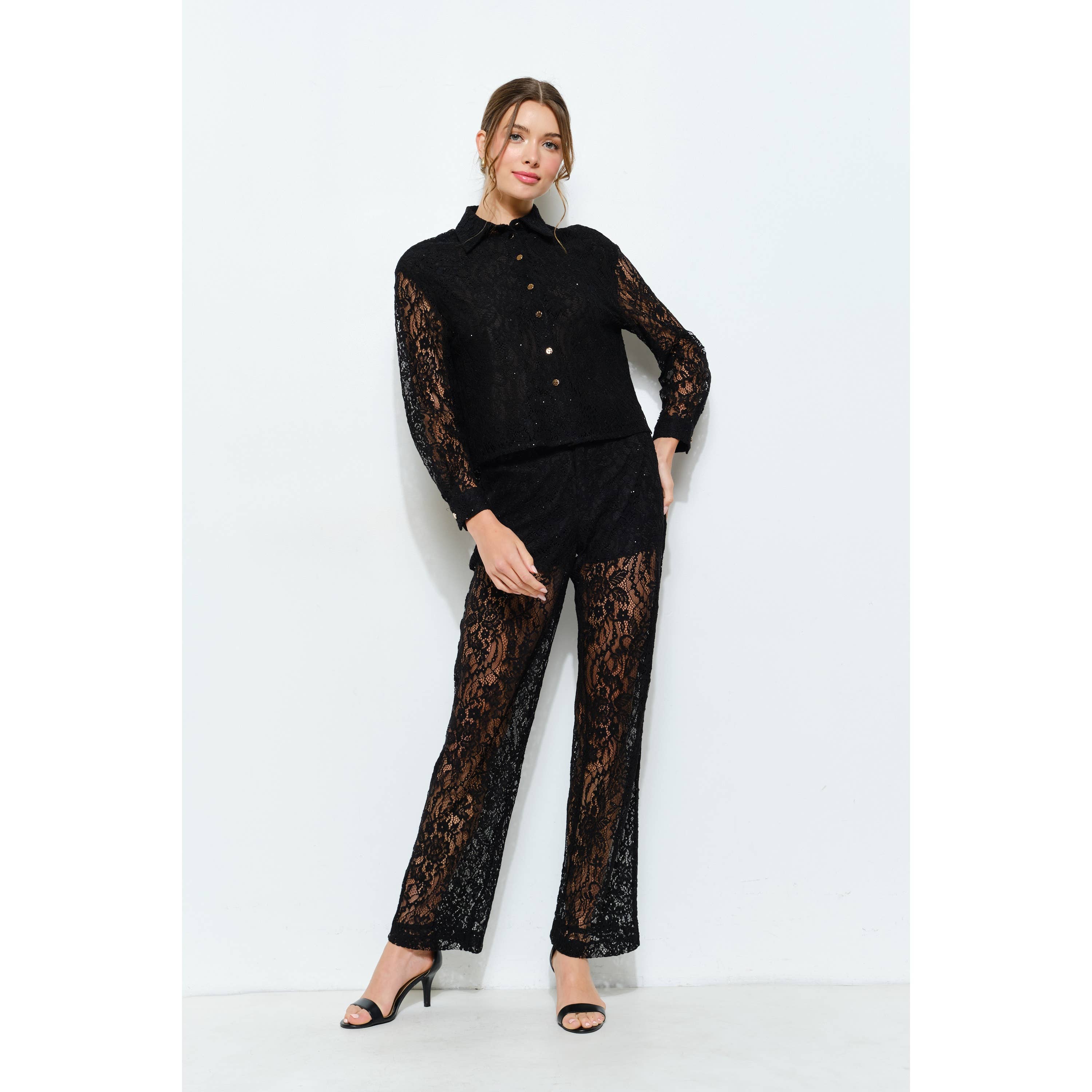 High Waist Sheer Lace Wide-Leg Pants