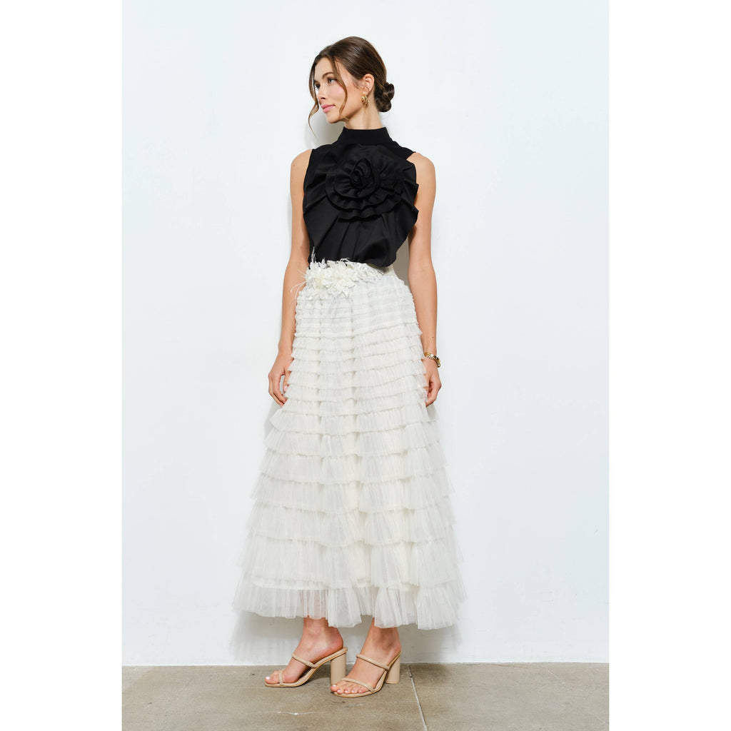 Floral Applique Pleated High-Neck Top