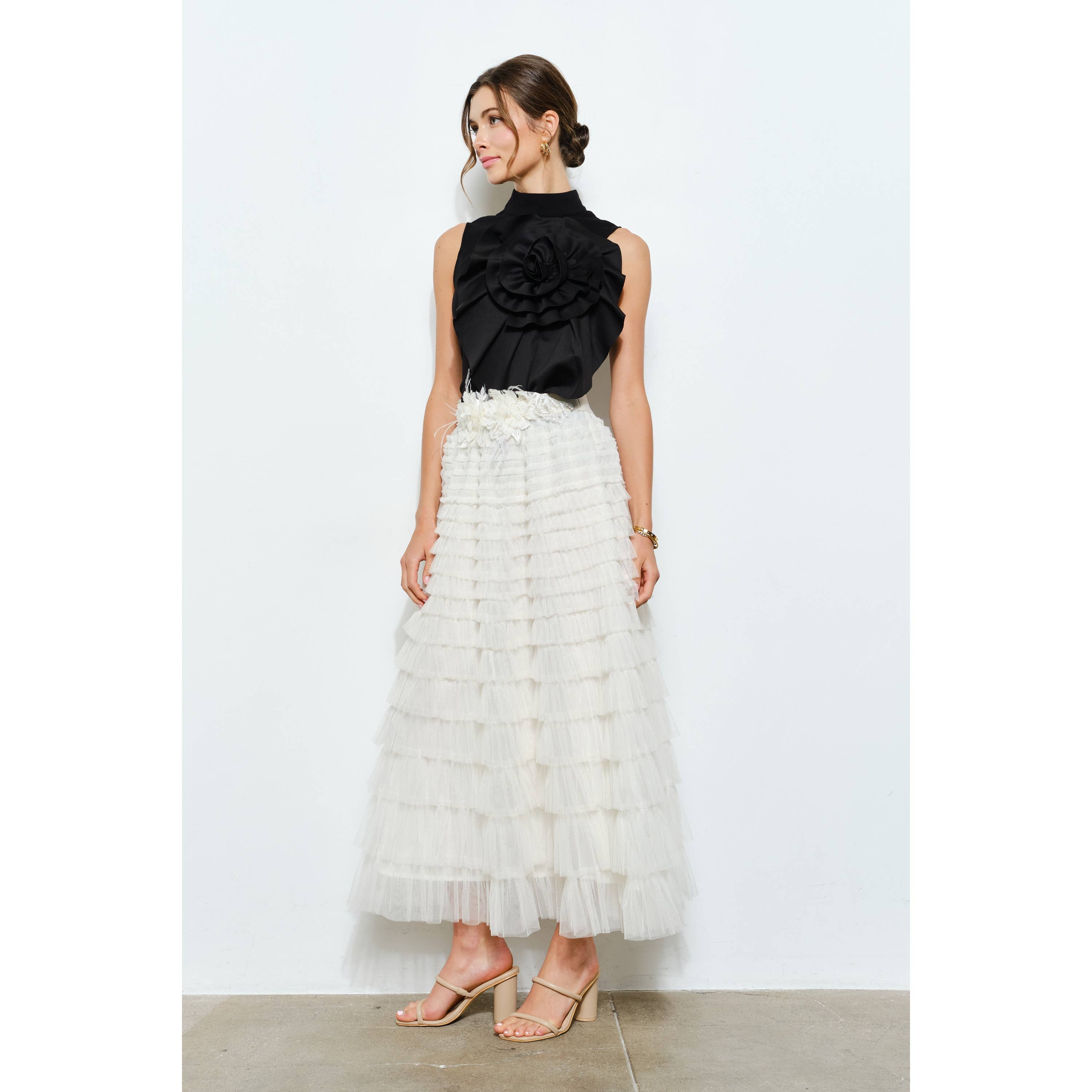 Floral Applique Pleated High-Neck Top