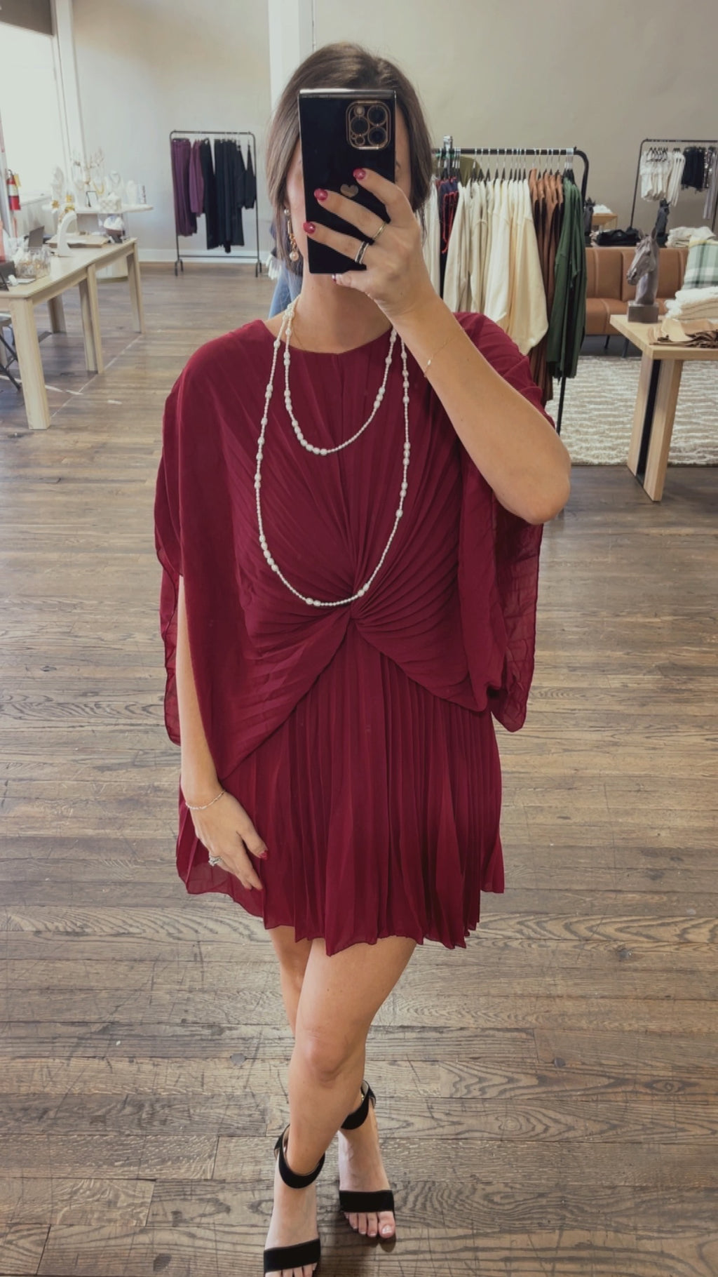 Pleated Mini Dress - Wine
