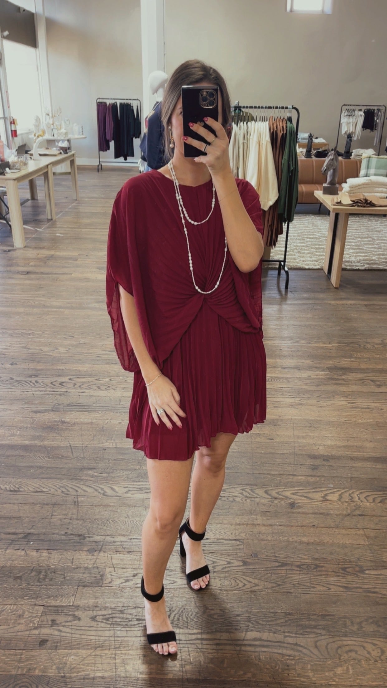 Pleated Mini Dress - Wine