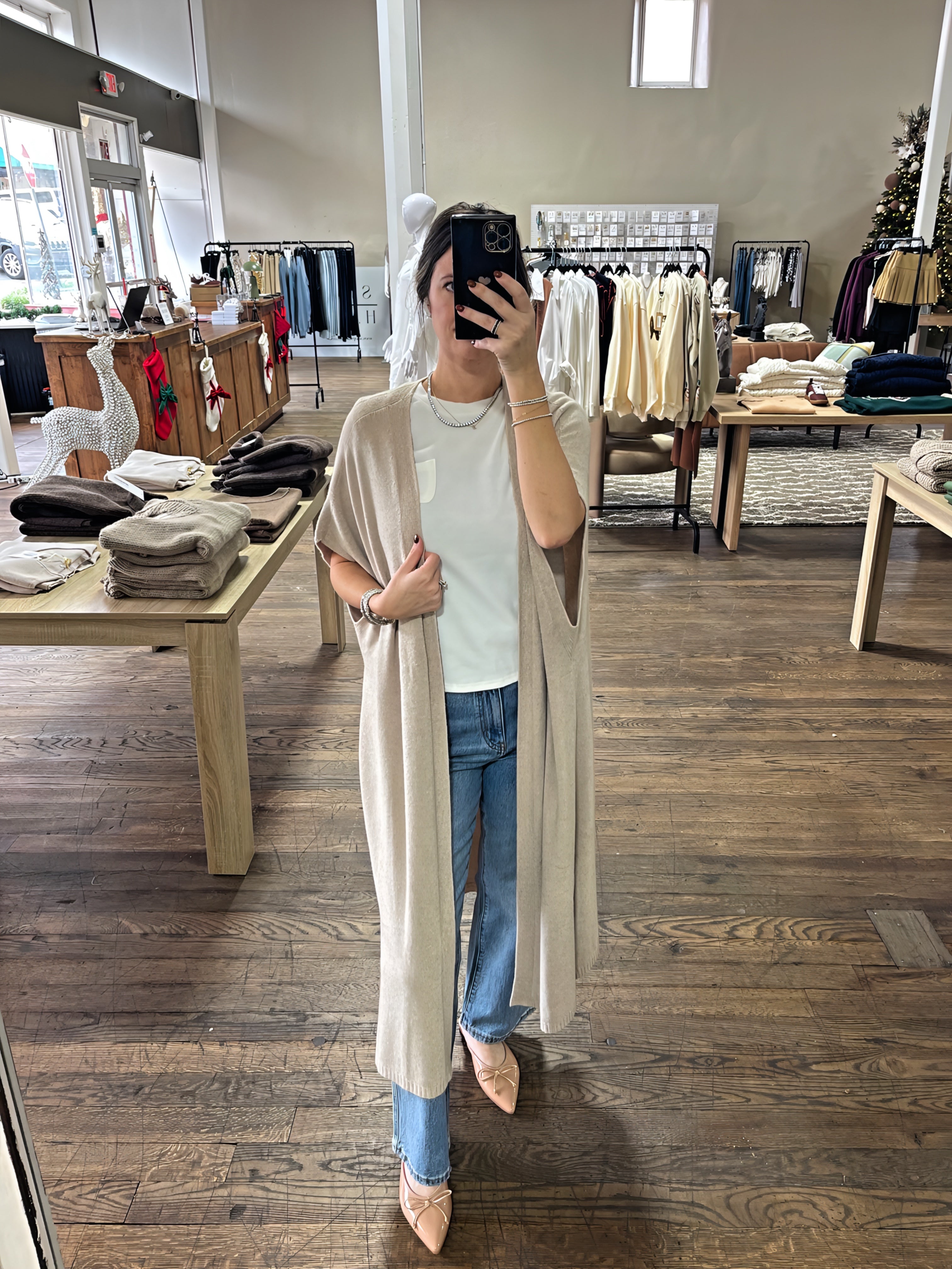 Knit drop shoulder open long cardigan
