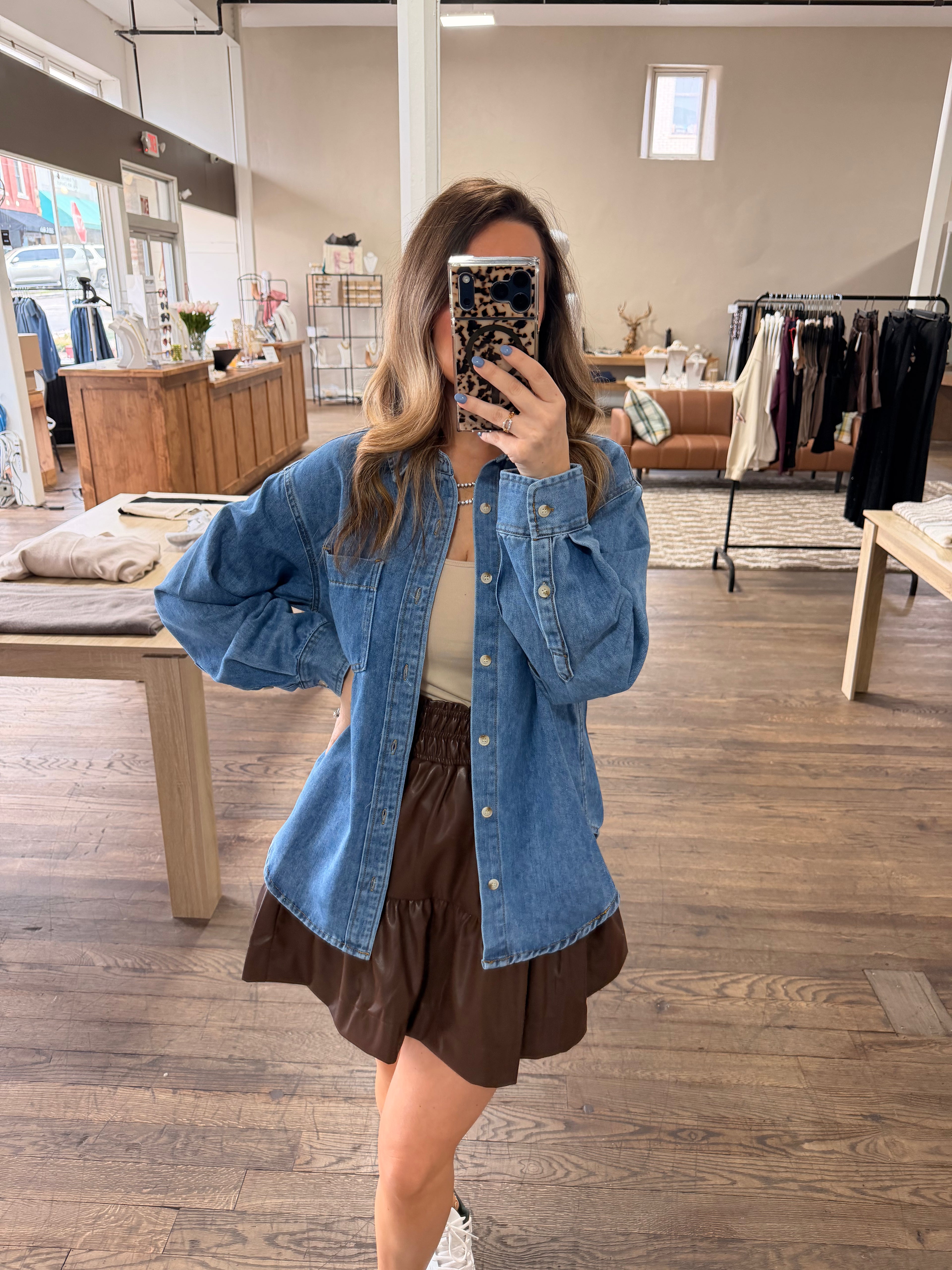 Denim Button Down Oversized Shirts: Med Wash
