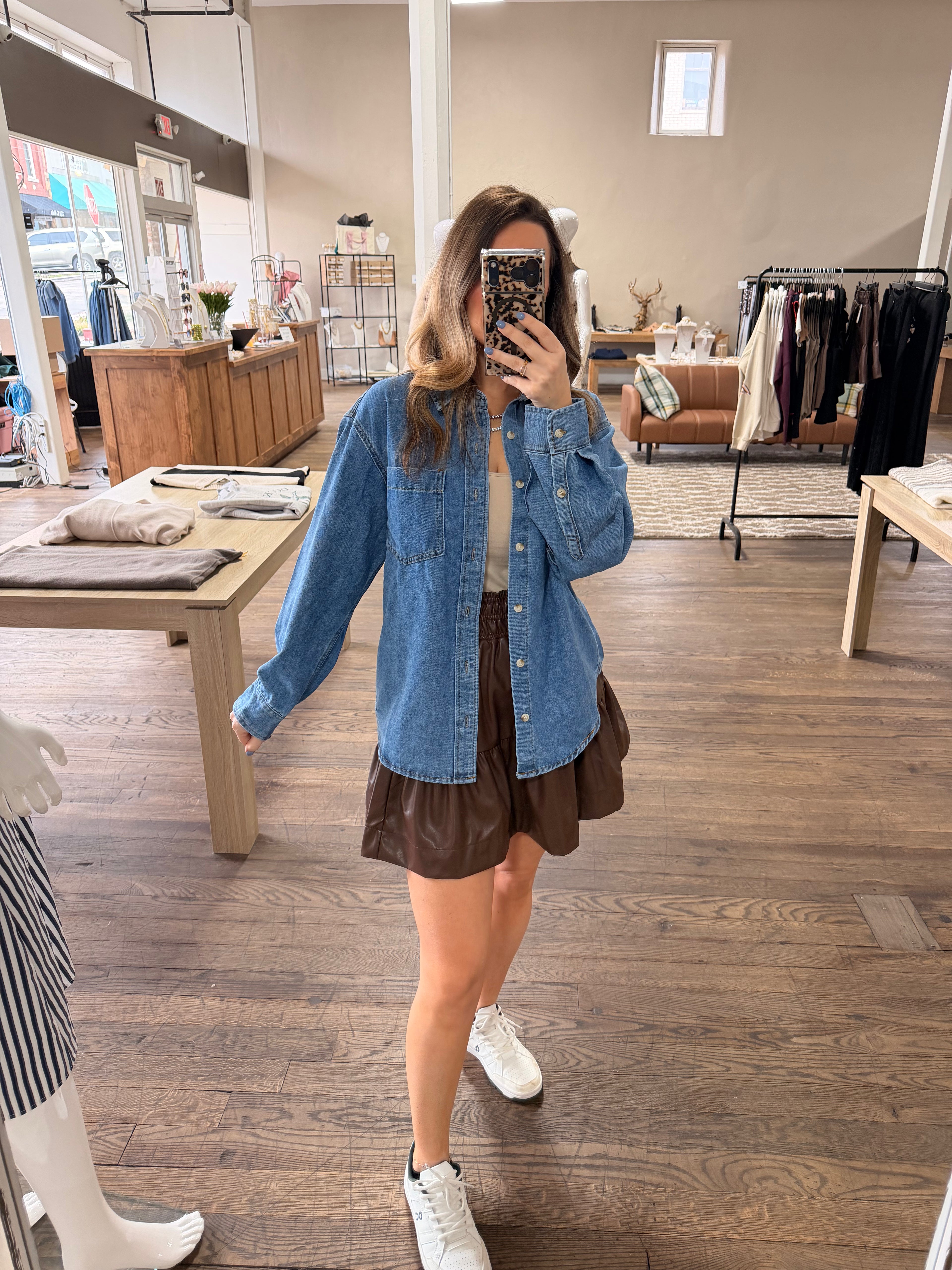 Denim Button Down Oversized Shirts: Med Wash
