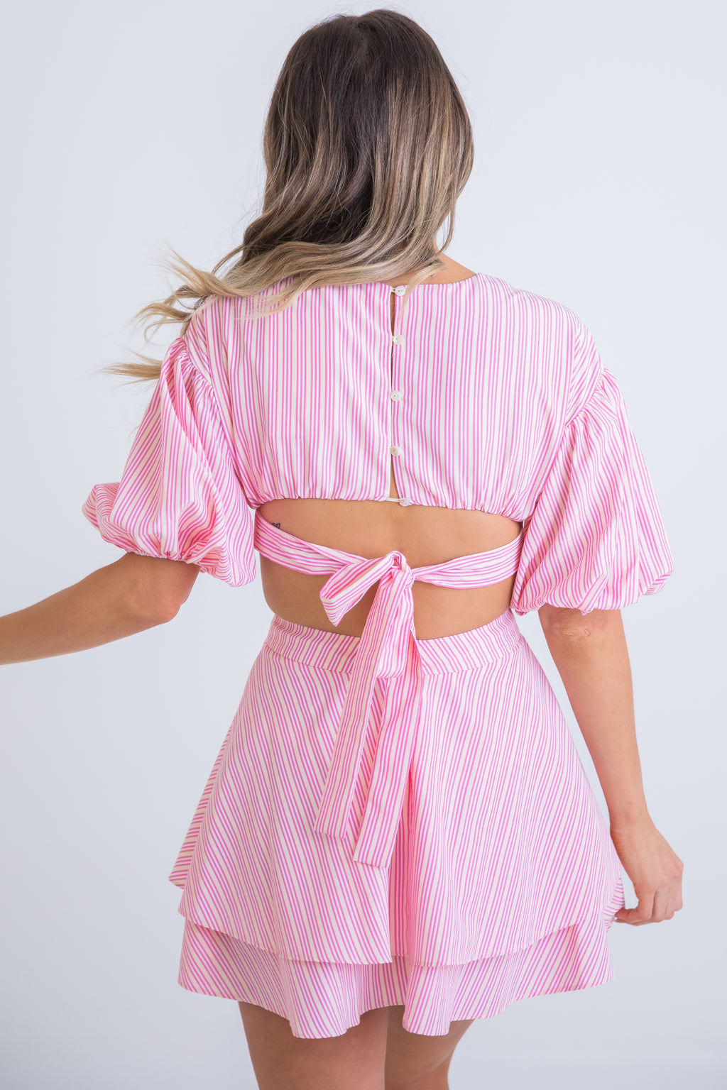 Stripe poplin cut out dress - pink
