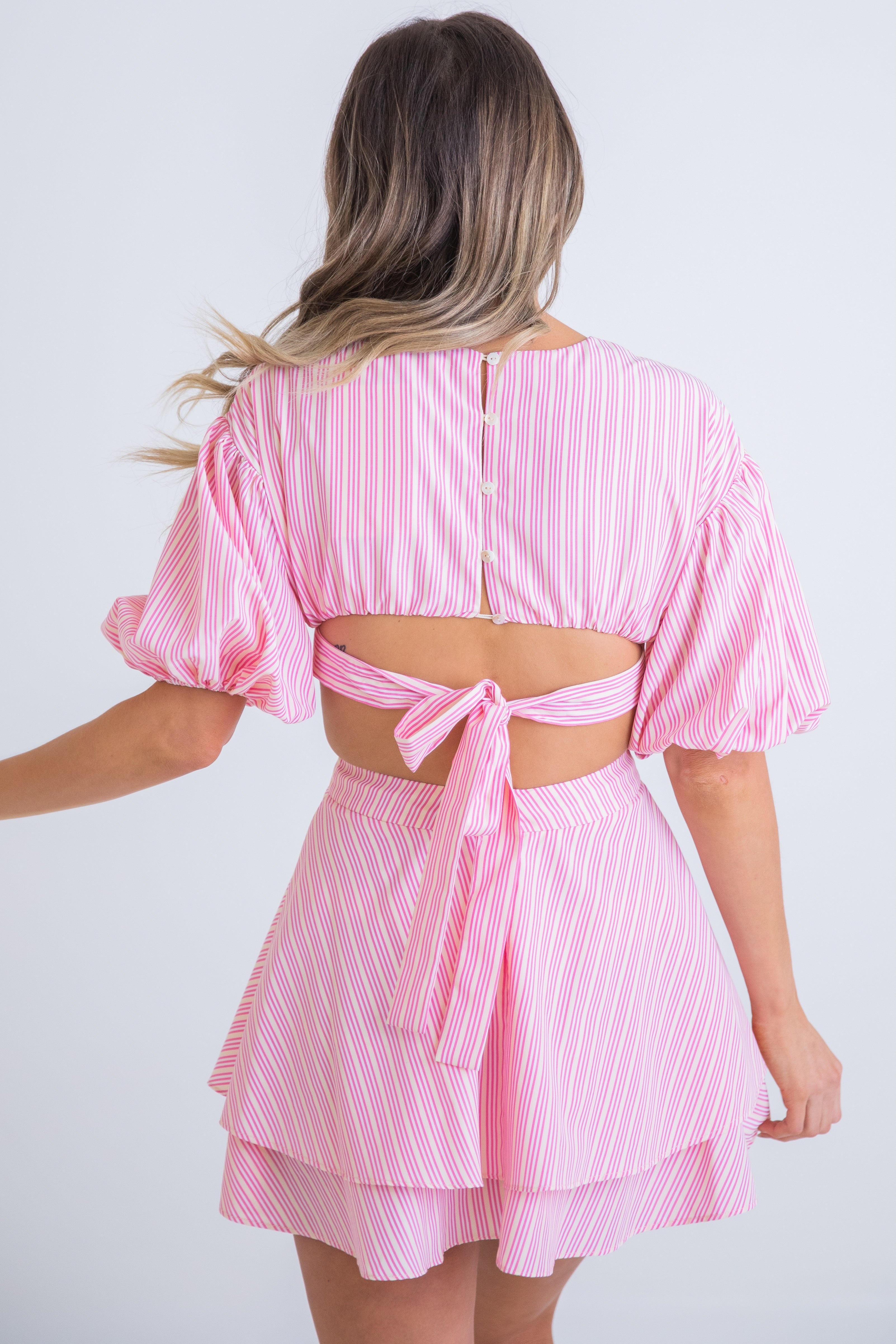 Stripe poplin cut out dress - pink