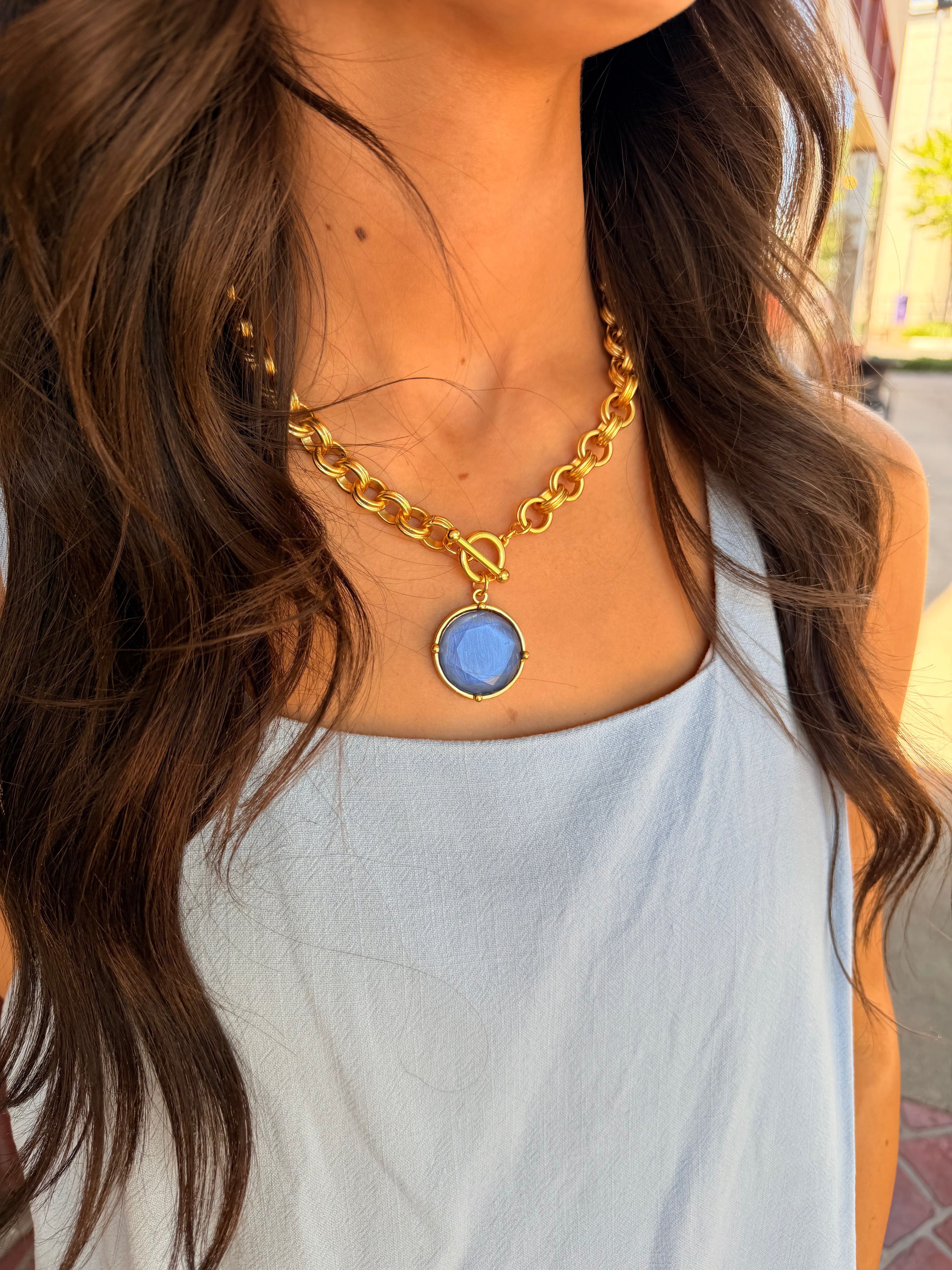 Cabochon Pendant Necklace - 24k Gold Plated: Soft Denim Blue