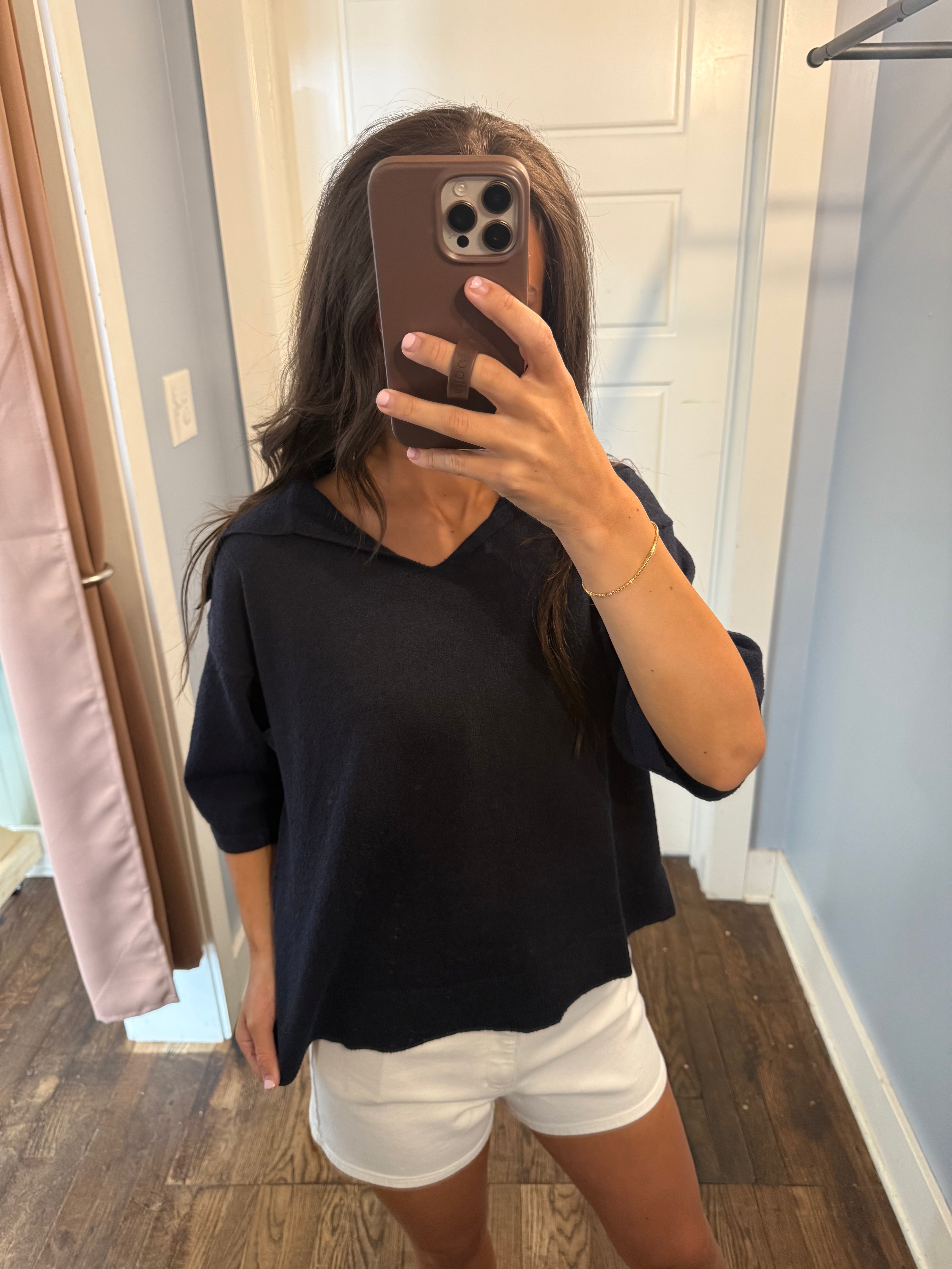 Wide Open Collar Top - Navy