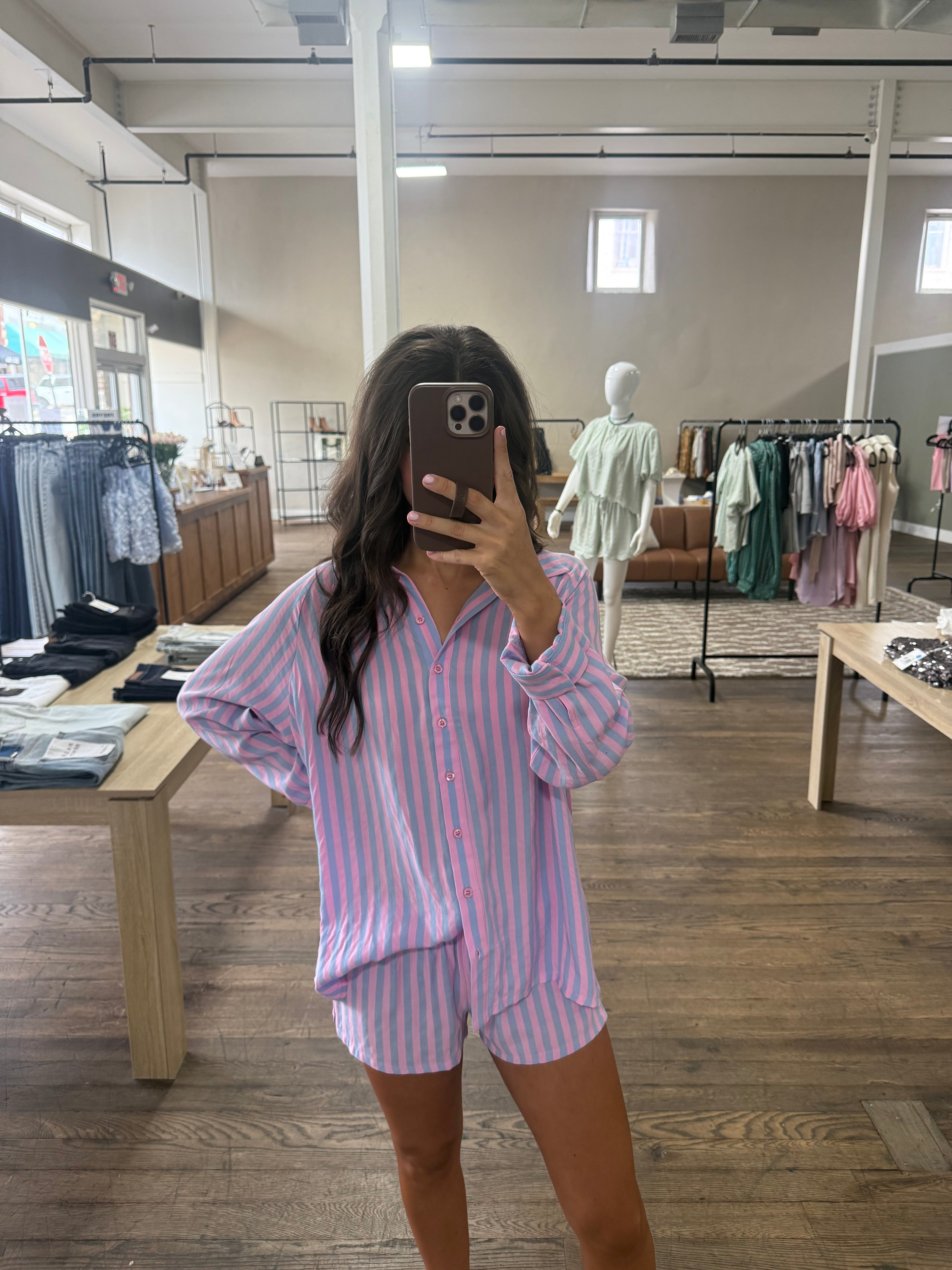 Striped Button Up Shirt and Matching Shorts Set: Pink