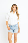 Solid Ruffle Neck Poplin Top - White