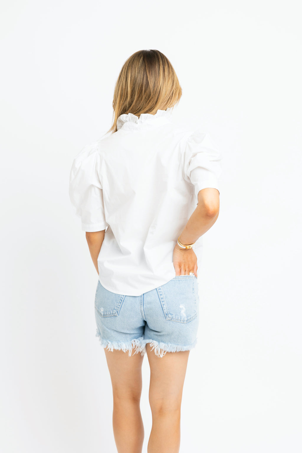 Solid Ruffle Neck Poplin Top - White