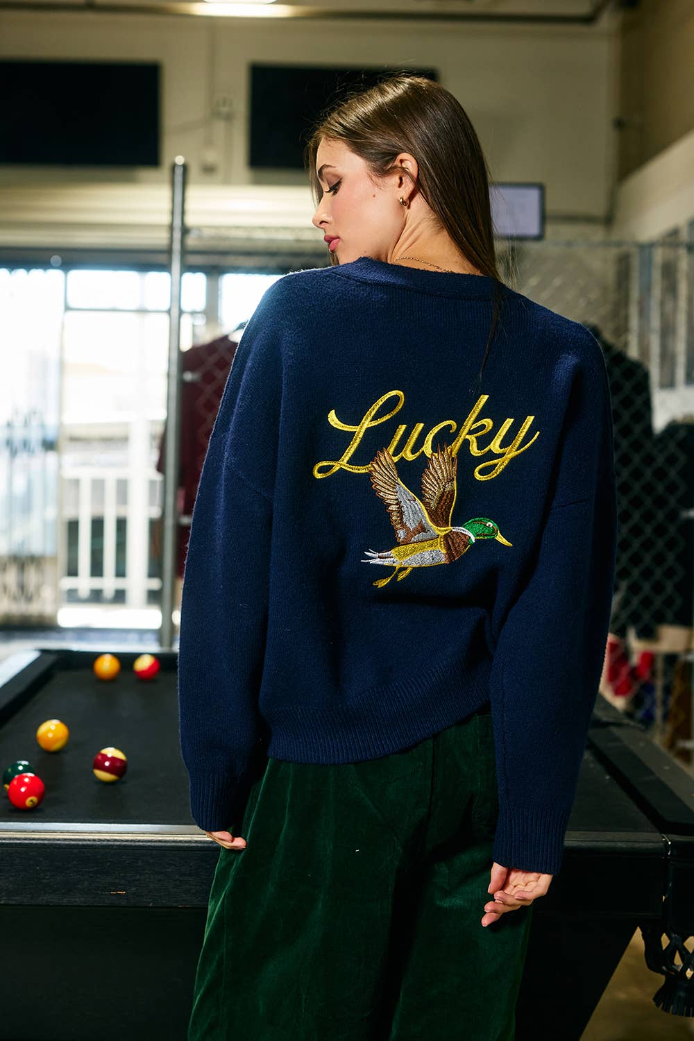 Embroidered Lucky Duck V-Neck Cardigan