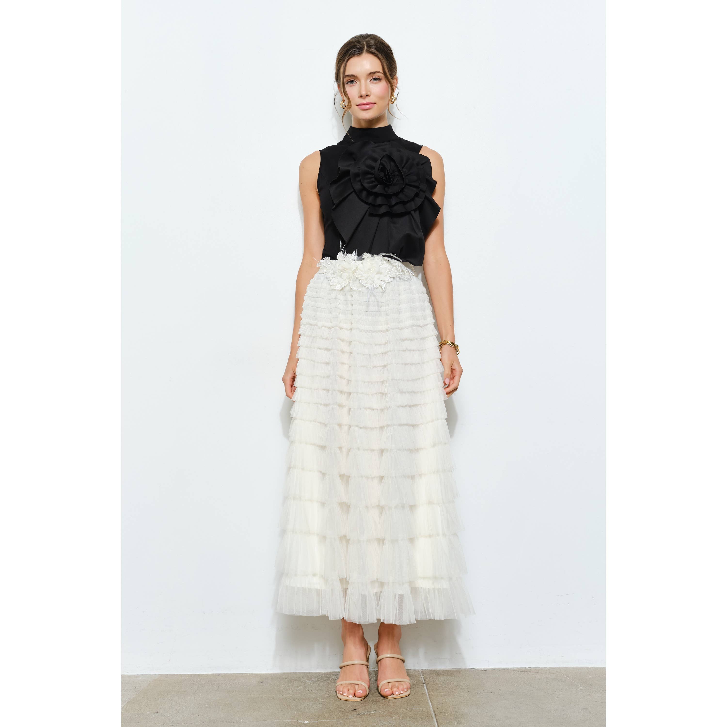 Floral Applique Pleated High-Neck Top