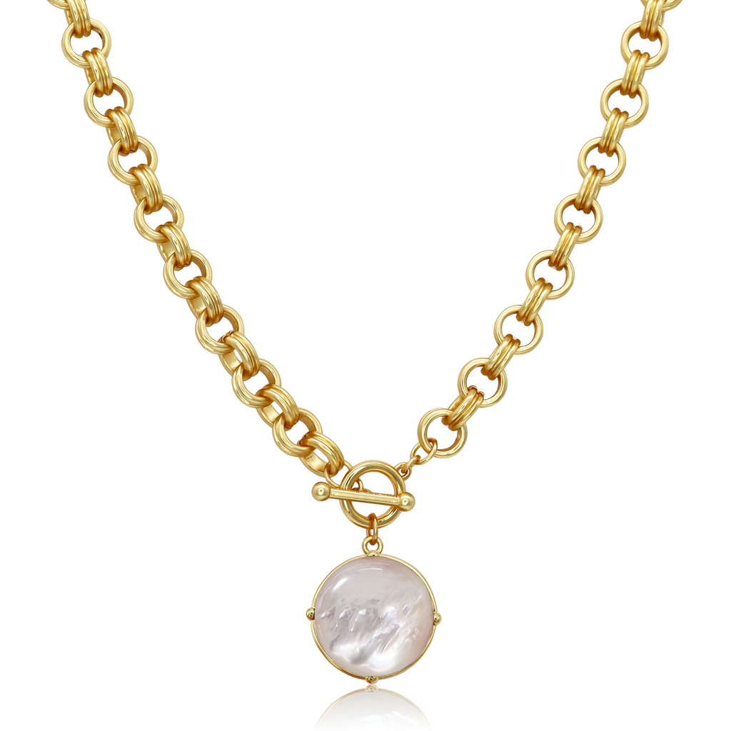 Cabochon Pendant Necklace - 24k Gold Plated: Mother of Pearl