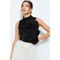 Floral Applique Pleated High-Neck Top