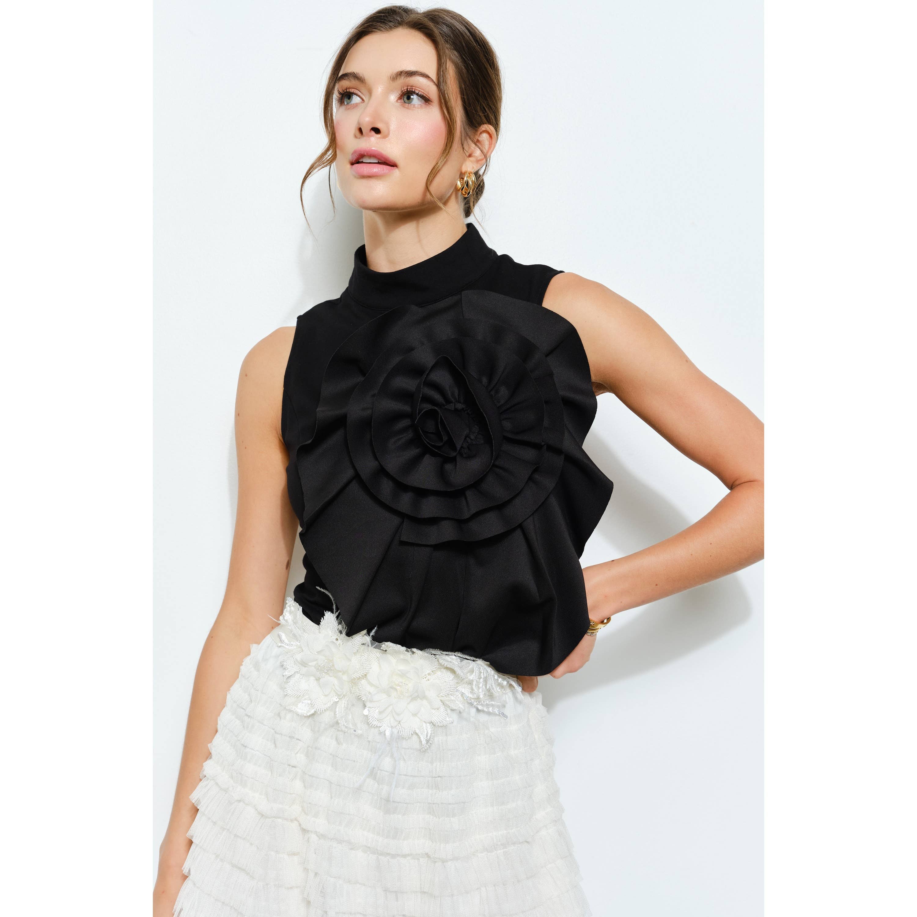 Floral Applique Pleated High-Neck Top