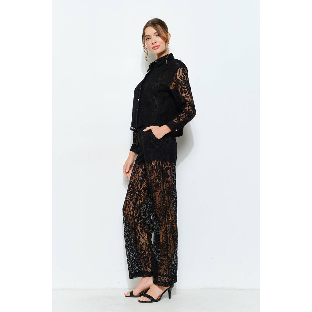 High Waist Sheer Lace Wide-Leg Pants