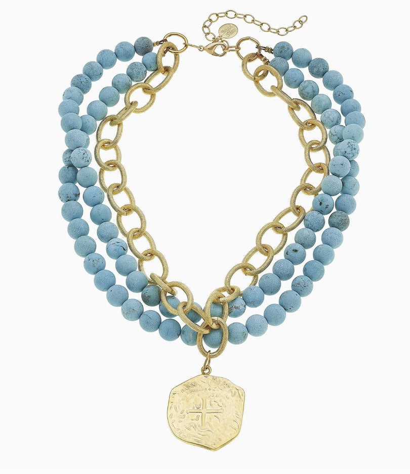 Gold Coin On 3 Row Genuine Matte Turquoise Necklace